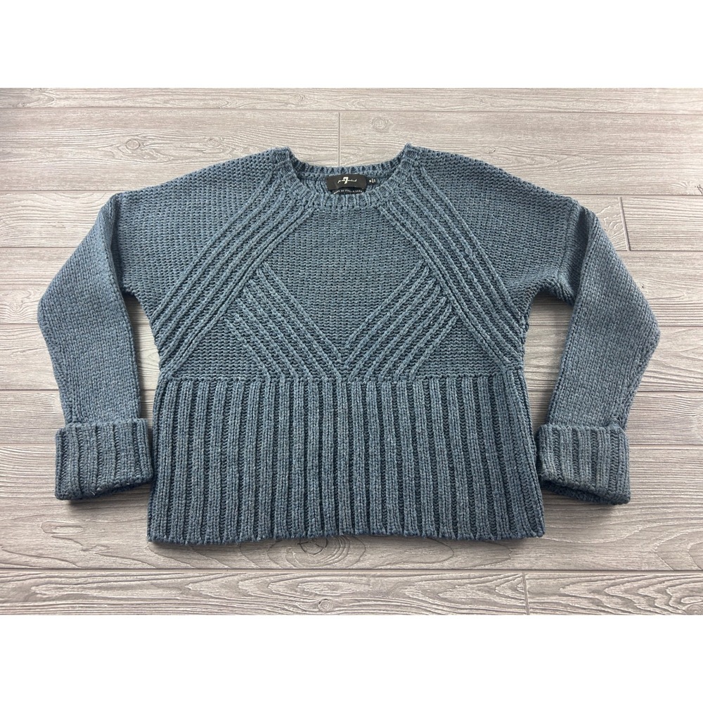 7 For All Mankind Blue Italian Yarn Chunky Knit Mixed Stitch Sweater Medium
